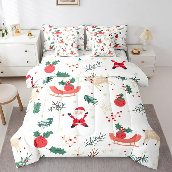 jejeloiu Cute Santa Claus Twin Bedding Sets 7-Piece,Merry Christmas Bedding Comforter Set,Xmas Reindeer Tree Sheet Sets For Girls,Breathable Home Decor Reversible