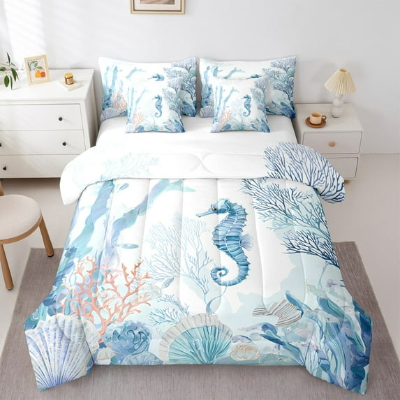 jejeloiu Cute Seahorse Bedding Comforter Set 7pcs,Watercolor Coral Queen Bedding Sets,Ocean Theme Queen Sheet Sets For Girls,Breathable Home Decor