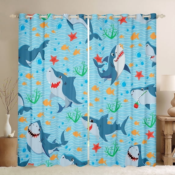 jejeloiu Cute Shark Blackout Curtains Set of 2 (52x84 Each),Ocean Sea Animal Window Curtains,Sealife Yellow Fish Curtains and Drapes For Boys Kids,Microfiber Bedroom Decor
