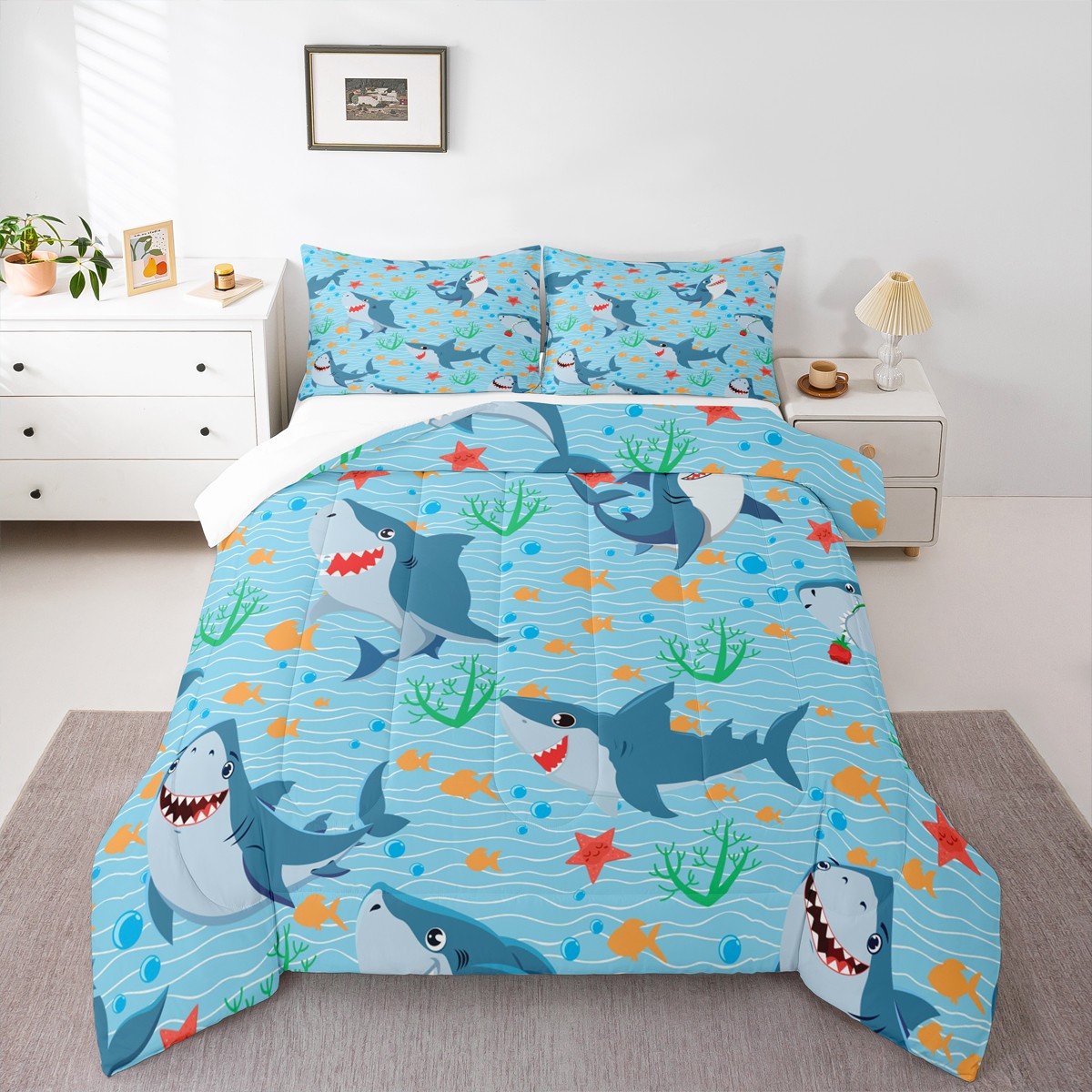 Jejeloiu Ocean Comforter Set 7 Pieces - Twin Size Kids Beach Bedding, Palm Tree Starfish Theme - View #10