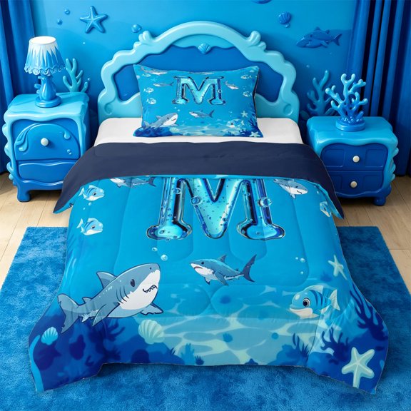 jejeloiu Cute Shark Monogram M Twin Comforter Sets For Kids,Ocean Theme Bedding Set For Boys,Navy Blue Reversible,2 Pieces