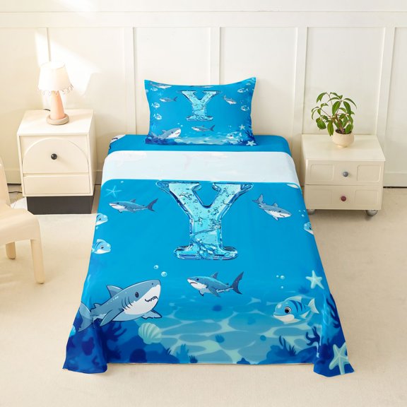 jejeloiu Cute Shark Monogram Y Twin Sheet Sets For Kids,Ocean Theme Bedding For Boys,3 Pieces