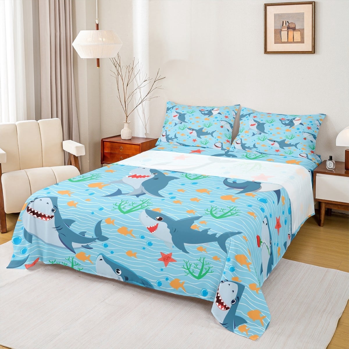 jejeloiu Cute Shark Twin Sheet Sets,Ocean Sea Animal Twin Fitted Sheet ...