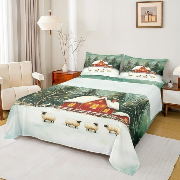 jejeloiu Cute Sheep Full Size Sheets,Happy New Year Bed Sheets,Red Green White Sheet Sets For Children,Super Cozy Room Decor,4pcs