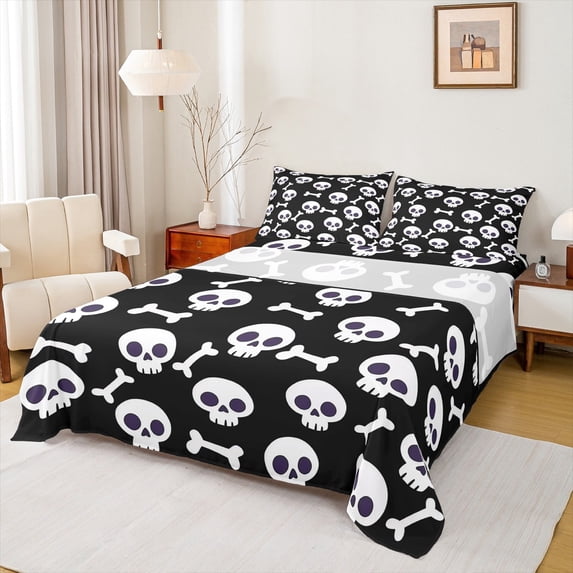 jejeloiu Cute Skeleton Bone Bed Sheets,Halloween Theme King Sheets,Black White Sheet Set For Teens,Super Cozy Room Decor,4-Piece