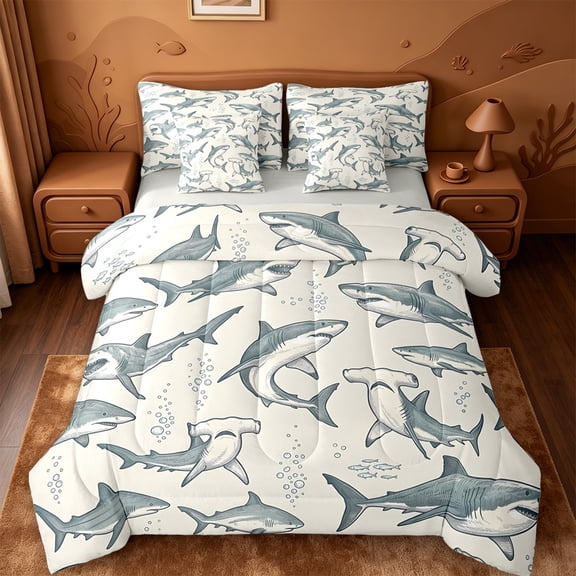 jejeloiu Cute Sketch Shark 7-Piece Twin Bedding,Ocean Fish Print Bedding Comforter Set For Boys,Grey Beige,Light Gray Reversible