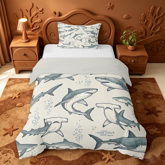 jejeloiu Cute Sketch Shark Twin Duvet Cover,Ocean Fish Print Twin Bedding For Boys,Grey Beige,Light Gray Reversible,2pcs,1 Duvet Cover and 1 Pillowcase