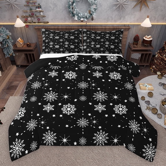 jejeloiu Cute Snowflake Full Size Comforter Sets,Hello Winter Bedding Comforter Set,White Black Bedding Sets For Girls Kids,Luxury Bedroom Decor Reversible,3-Piece
