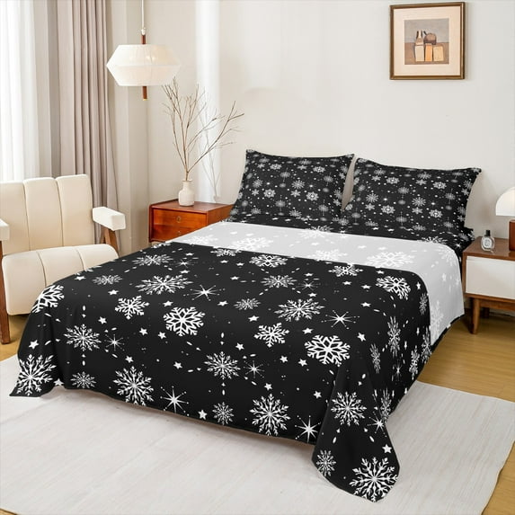 jejeloiu Cute Snowflake Queen Sheet Sets,Hello Winter Flat Sheet,White Black Queen Fitted Sheet For Girls Kids,Luxury Bedroom Decor,4 Pieces