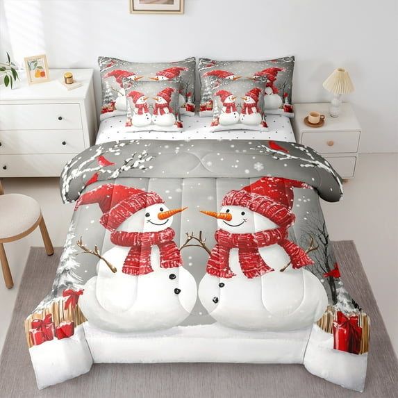 jejeloiu Cute Snowman 7-Piece Twin Bedding Sets,Pink Christmas Gifts Bedding Comforter Set,Red White Sheet Sets For Girl Kids,Microfiber Bedroom Decor Reversible