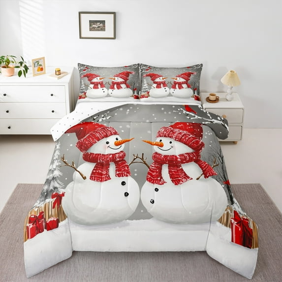 jejeloiu Cute Snowman Bedding Comforter Set,Pink Christmas Gifts Twin Comforter Sets,Red White Bedding Set For Girl Kids,Microfiber Bedroom Decor Reversible,2 Pieces