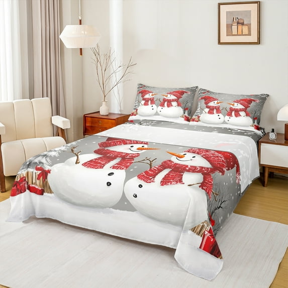 jejeloiu Cute Snowman Twin Sheet Sets,Pink Christmas Gifts Twin Fitted Sheet,Red White Flat Sheet For Girl Kids,Microfiber Bedroom Decor,3 Pieces