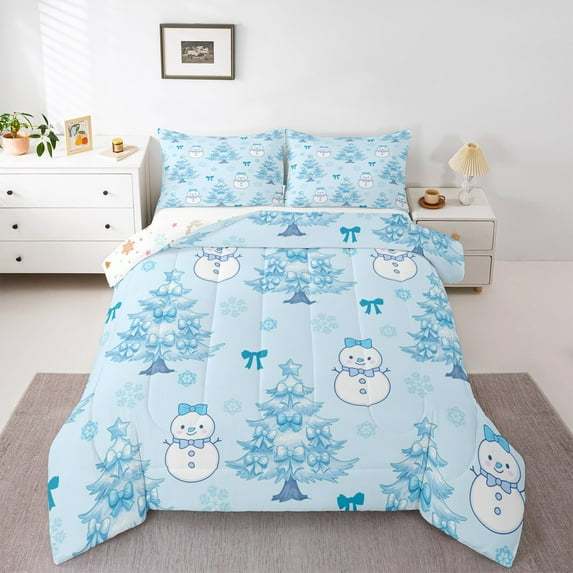 jejeloiu Cute Snowmen Bedding Comforter Set,Christmas Tree Twin Comforter Sets,Blue Bowtie Bowknot Bedding Set For Children,Microfiber Bedroom Decor Reversible,2pcs