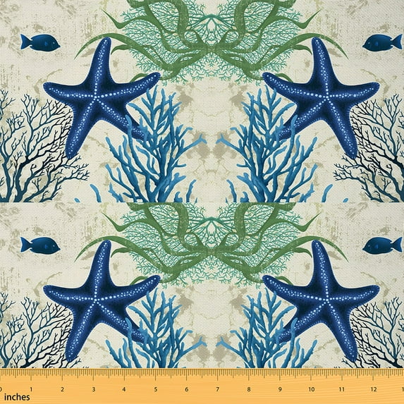 jejeloiu Cute Starfish Fabric by the Yard 5 Yards,Watercolor Sea Coral Fabric for Sewing,Ocean Sealife Home Decor Fabric by the Yard For Girls,Breathable Home Decor