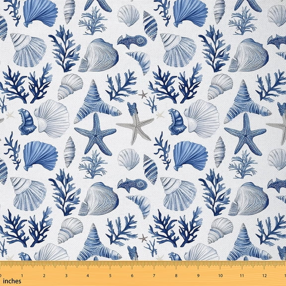jejeloiu Cute Starfish Shell Fabric by the Yard 1 Yard,Watercolor Sea Coral Home Decor Fabric by the Yard,Ocean Sealife Sewing Fabric For Girls,Breathable Home Decor