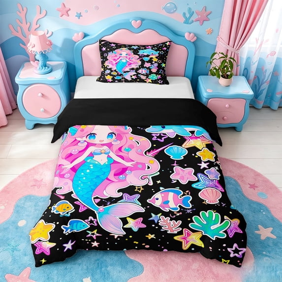 jejeloiu Cute Starry Mermaid Twin Duvet Cover For Girls,Colorful Underwater Stars Twin Bedding,Black Blue,Black Reversible,2 Pieces,1 Duvet Cover and 1 Pillowcase