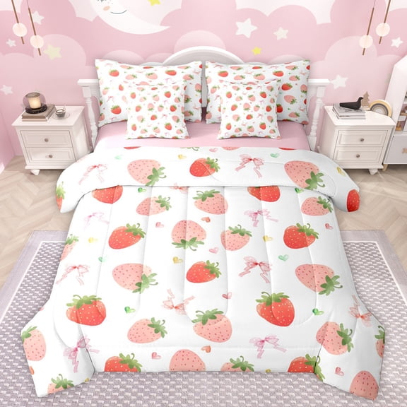 jejeloiu Cute Strawberry 7-Piece Twin Bedding Sets,Kawaii Bowtie Ribbon Bedding Comforter Set,Pink Loves Pattern Sheet Sets For Girls,Ultra Soft Home Decor Reversible