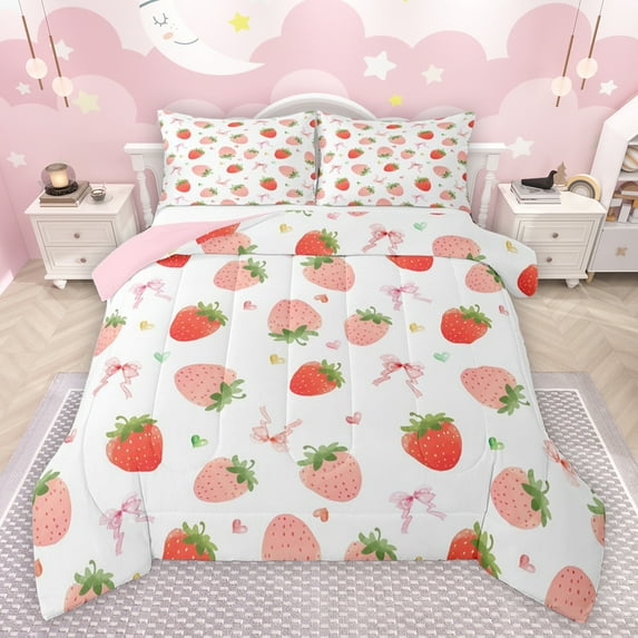 jejeloiu Cute Strawberry Bedding Comforter Set,Kawaii Bowtie Ribbon Twin Comforter Sets,Pink Loves Pattern Bedding Set For Girls,Ultra Soft Home Decor Reversible,2-Piece