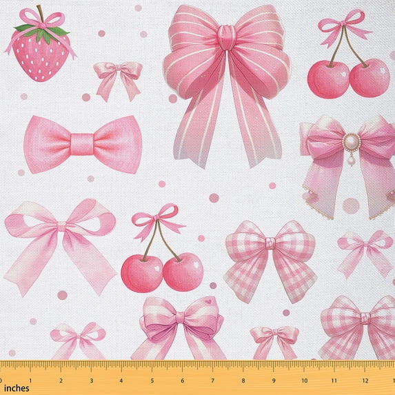 jejeloiu Cute Strawberry Cherry Fabric by the Yard 2 Yards,Cartoon Bowtie Bow Room Decor Fabric by the Yard,Pink White Fabric for Sewing For Girls,Ultra Soft Home Decor
