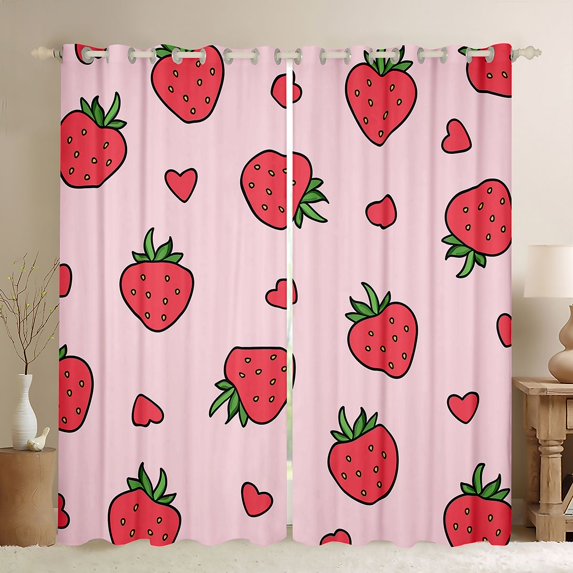 jejeloiu Cute Strawberry Curtains Pack of 2 (42x84 Each),Cartoon Kawaii Loves Curtains Blackout,Pink Red Bedroom Curtains For Girl,Ultra Soft Home Decor