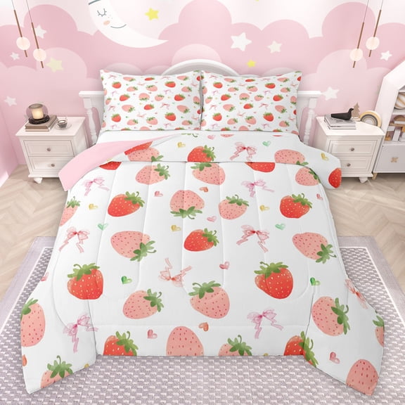 jejeloiu Cute Strawberry Queen Comforter Set,Kawaii Bowtie Ribbon Bedding Sets,Pink Loves Pattern Bedding Comforter Set For Girls,Ultra Soft Home Decor Reversible,3pcs