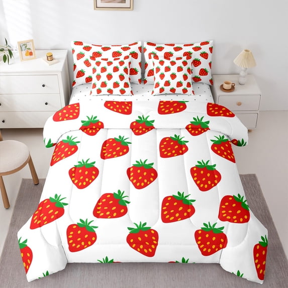 jejeloiu Cute Strawberry Twin Bedding Sets 7-Piece,Kawaii Fruit Bedding Comforter Set,Red White Sheet Sets For Children,Ultra Soft Home Decor Reversible
