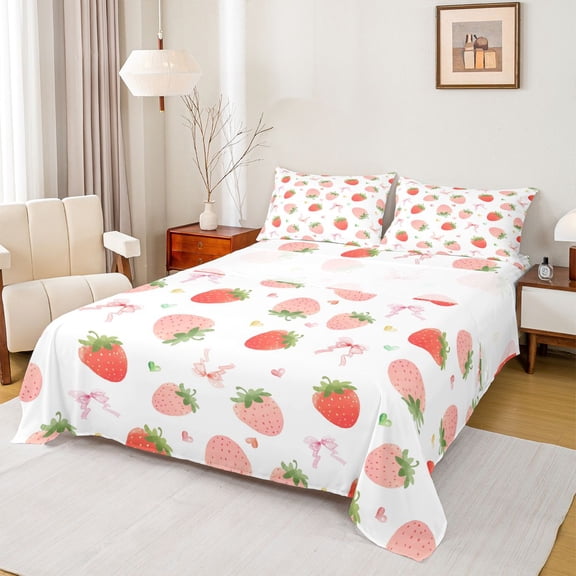 jejeloiu Cute Strawberry Twin Sheet Sets,Kawaii Bowtie Ribbon Twin Fitted Sheet,Pink Loves Pattern Flat Sheet For Girls,Ultra Soft Home Decor,3-Piece
