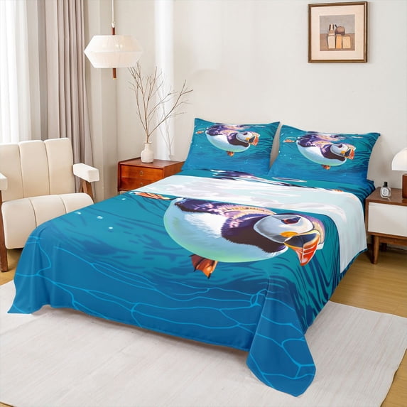jejeloiu Cute Swimming Puffin Bed Sheets,Ocean Animals Full Size Sheets For Boys,Blue Teal,4 Pieces,1 Flat Sheet, 1 Fitted Sheet and 2 Pillowcases