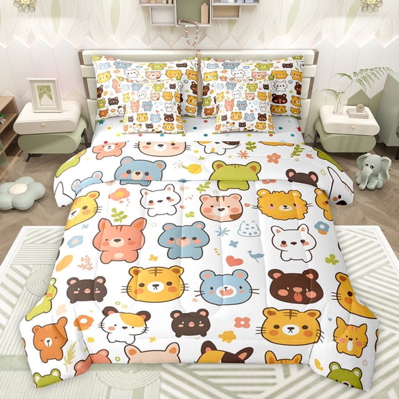 jejeloiu Cute Tiger Pattern 7-Piece Twin Bedding Sets,Kawaii Cartoon Bear Bedding Comforter Set,Colorful Cartoon Wildlife Sheet Sets For Kids,Super Cozy Room Decor Reversible
