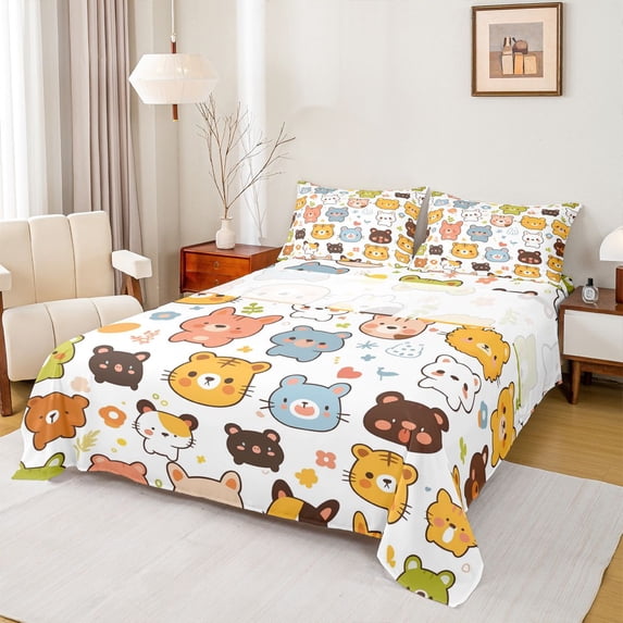 jejeloiu Cute Tiger Pattern Twin Sheet Sets,Kawaii Cartoon Bear Twin Fitted Sheet,Colorful Cartoon Wildlife Flat Sheet For Kids,Super Cozy Room Decor,3pcs