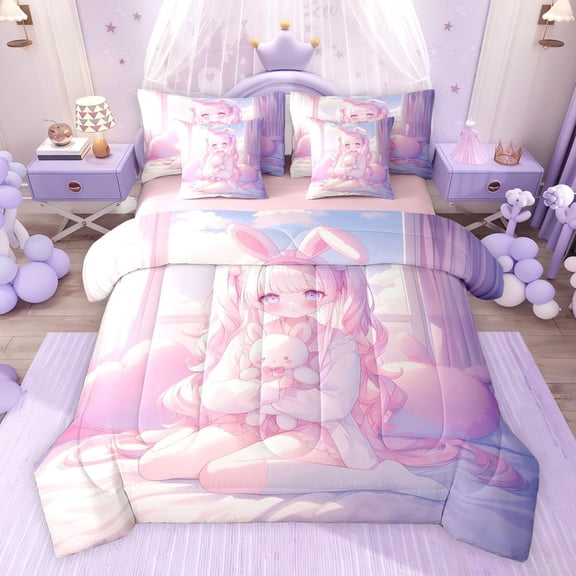 jejeloiu Cute Toy Bear 7-Piece Twin Bedding Sets,Pink Anime Girls Bedding Comforter Set For Princess Reversible