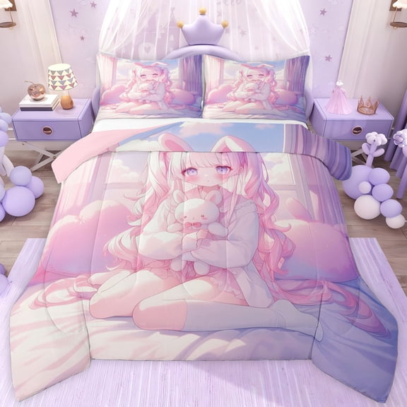 jejeloiu Cute Toy Bear Twin Comforter Sets,Pink Anime Girls Bedding Set For Princess Reversible 2-Piece