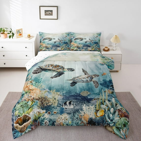 jejeloiu Cute Turtle Bedding Comforter Set,Sealife Coral Shell Twin Comforter Sets,Watercolor Ocean Sea Bedding Set,Super Cozy Bedroom Decor Reversible,2 Pieces