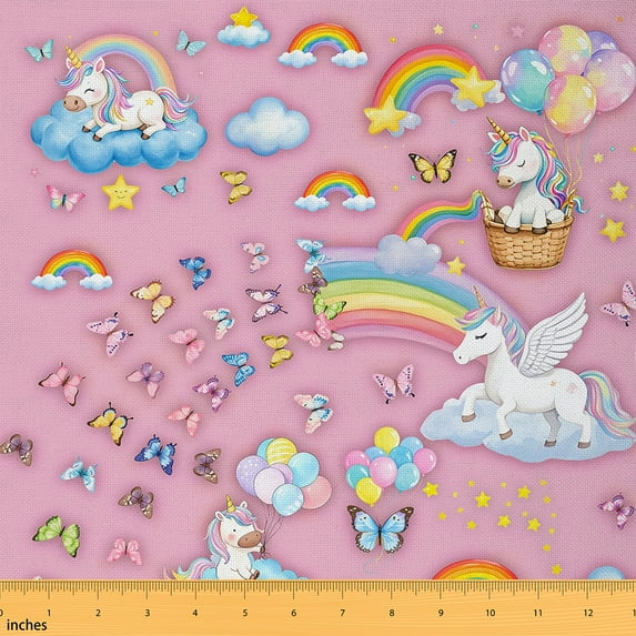 jejeloiu Cute Unicorn Butterfly Fabric by the Yard 1 Yard,Colorful Rainbow Clouds Home Decor Fabric by the Yard,Multicolor Balloon Stars Sewing Fabric For Child,Lightweight Bedroom Decorative