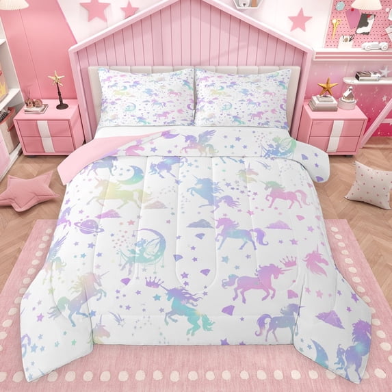 jejeloiu Cute Unicorn Silhouette Bedding Comforter Set,Colorful Sequin Print Twin Comforter Sets,Fairy Tale Princess Bedding Set For Girls Kids,Microfiber Bedroom Decor Reversible,2pcs