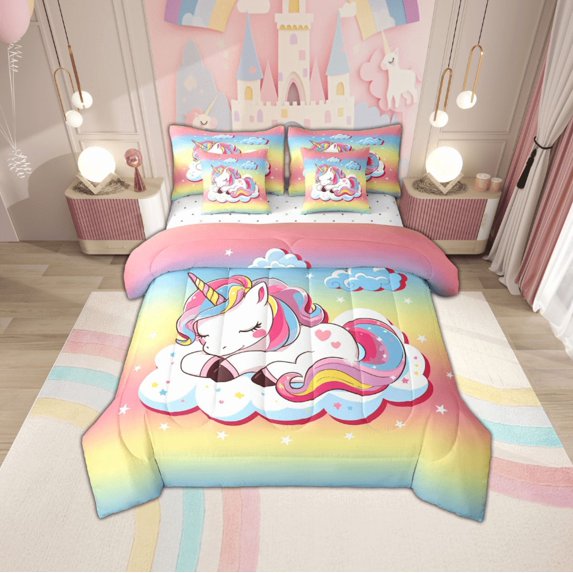 jejeloiu Cute Uniocrn Bedding Comforter Set 7 Pieces,Cartoon Colorful Animal Full Bedding Set,yellow orange ombre Fitted Sheet Flat Sheet For Girls,Ultra Soft Home Decor