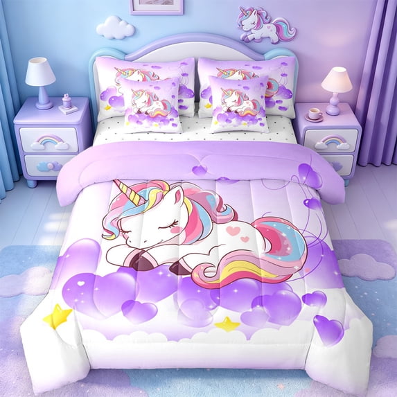 jejeloiu Cute Uniocrn Twin Bedding Sets 7-Piece,Cartoon Colorful Animal Bedding Comforter Set,Purple heart balloon Sheet Sets For Girls,Ultra Soft Home Decor