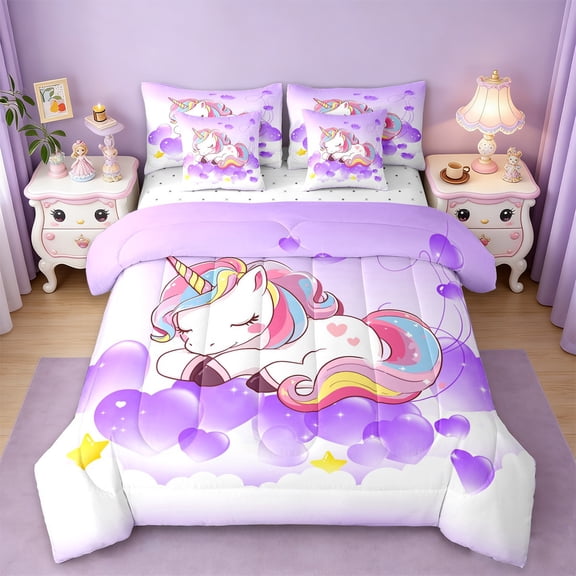 jejeloiu Cute Uniocrn Twin Bedding Sets 7-Piece,Cartoon Colorful Animal Bedding Comforter Set,Purple heart balloon Sheet Sets For Girls,Ultra Soft Home Decor