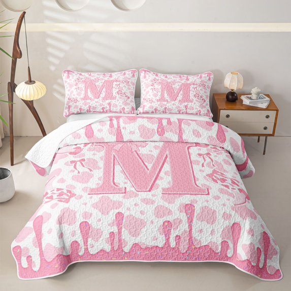 jejeloiu Cute Western Cowgirl Boots Twin Quilt Set For Girls,Pink Coquette Bowknot Alphabet M Twin Coverlet Set For Kids,2pcs