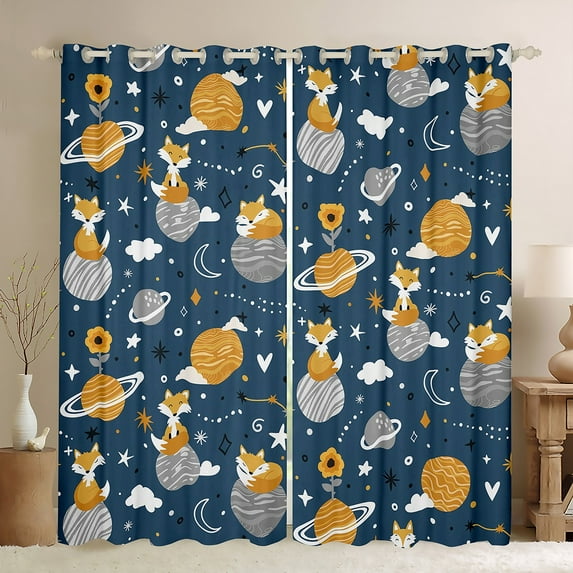 jejeloiu Cute Wild Fox Black Out Curtains,Galaxy Planet Pattern Curtains Pack of 2 (42x63 Each),Blue Gray Orange Bedroom Curtains For Teens,Ultra Soft Home Decor