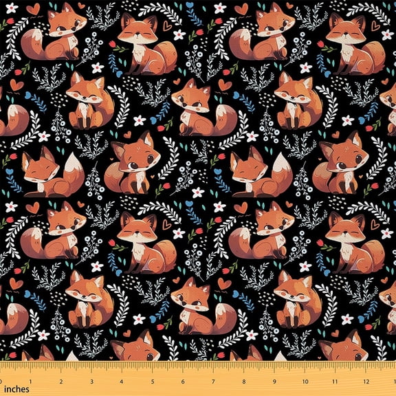 jejeloiu Cute Wild Fox Fabric by the Yard 2 Yards,Rustic Flower Daisy Room Decor Fabric by the Yard,Orange Black White Fabric for Sewing For Girls,Microfiber Bedroom Decor
