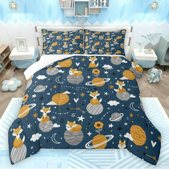 jejeloiu Cute Wild Fox Queen Comforter Set,Galaxy Planet Pattern Bedding Sets,Blue Gray Orange Bedding Comforter Set For Teens,Ultra Soft Home Decor,3 Pieces
