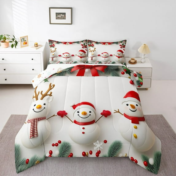 jejeloiu Cute Xmas Snowmen Bedding Comforter Set,Happy New Year Twin Comforter Sets,Merry Christmas Bedding Set For Children,Luxury Bedroom Decor Reversible,2 Pieces
