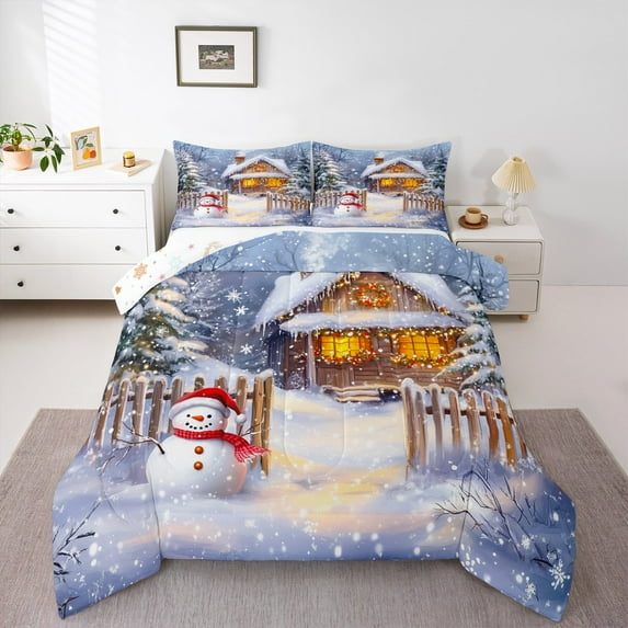 jejeloiu Cute Xmas Snowmen Full Size Comforter Sets,Merry Christmas Bedding Comforter Set,Happy New Year Bedding Sets For Girls Boys,Reathable Home Decor Reversible,3 Pieces