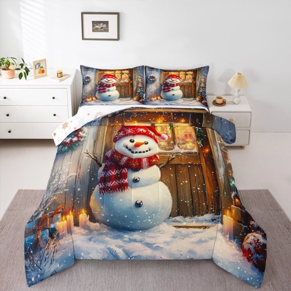 jejeloiu Cute Xmas Snowmen Queen Comforter Set,Merry Christmas Bedding Sets,Western Holiday Canbin Bedding Comforter Set For Children,Breathable Home Decor Reversible,3pcs