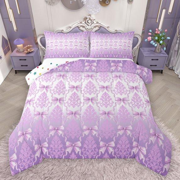 jejeloiu Cutw Bow Tie Full Size Comforter Sets,Retro Victorian Print Bedding Comforter Set,Purple White Bedding Sets For Girls Teens,Luxury Bedroom Decor Reversible,3-Piece