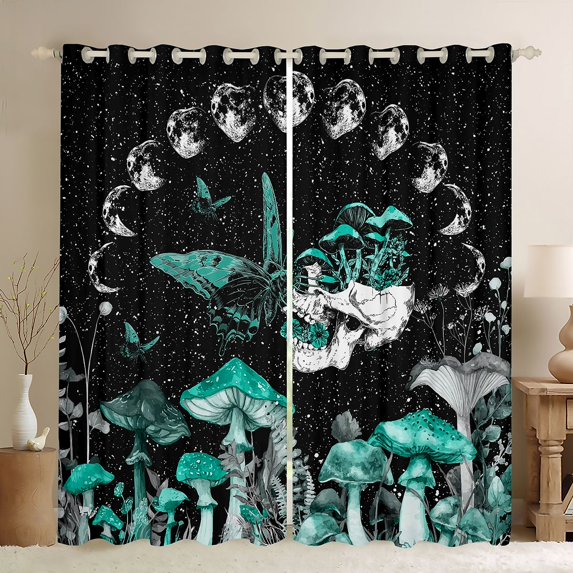 jejeloiu Cyan Fungus Mushroom Black Out Curtains,Bohemian Rustic Plant Curtains Pack of 2 (42x63 Each) For Adults