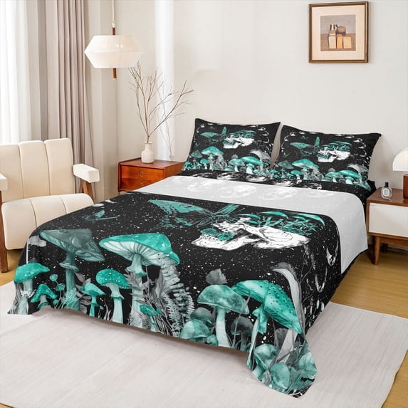 jejeloiu Cyan Fungus Mushroom Queen Sheet Sets,Bohemian Rustic Plant Bed Set For Adults 4-Piece