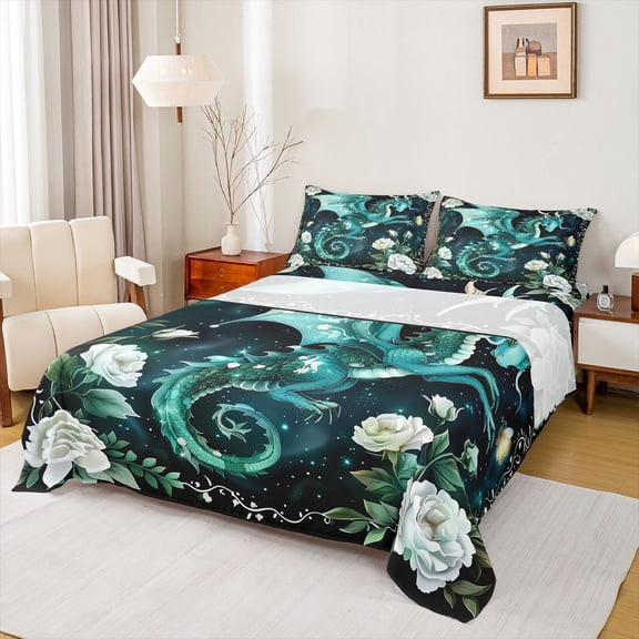 jejeloiu Cyan Magic Dragon Bed Sheets,White Flowers Floral King Sheets For Boy Teens 4 Pieces