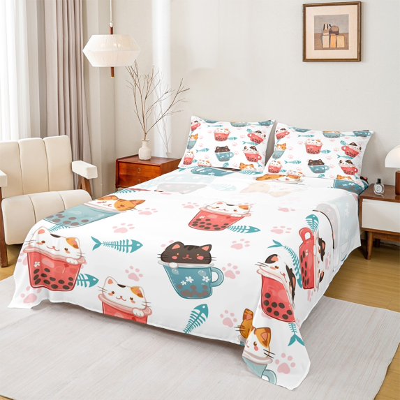 jejeloiu Cyte Cartoon Kitten Full Size Sheets,Dessert Milk Tea Bed Sheets,Pet Animal Paw Sheet Sets For Girls Boys,Luxury Bedroom Decor,4 Pieces